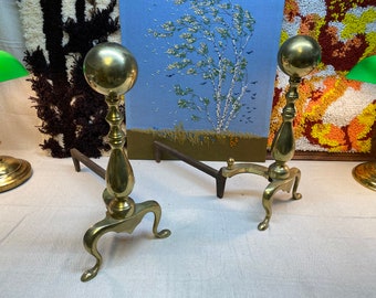 Vintage Large Pair of Neoclassical Brass Andirons 1940