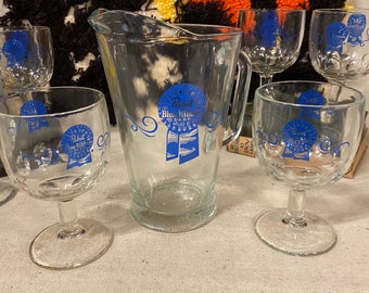Vintage Pabst Blue Ribbon Glass Beer Pitcher and 12 Schooners