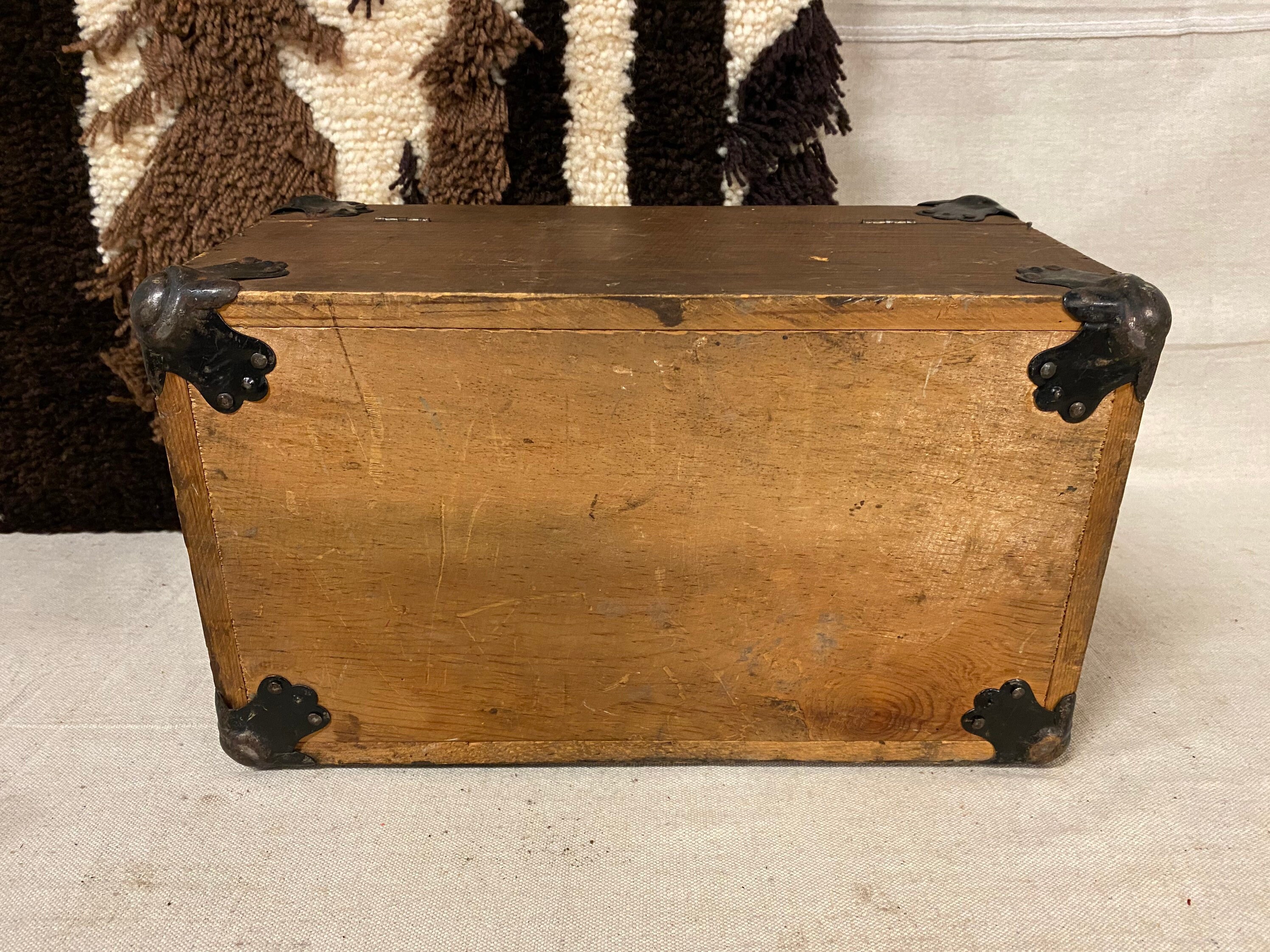 Vintage Wooden Paper Lined Chest With Metal Corner