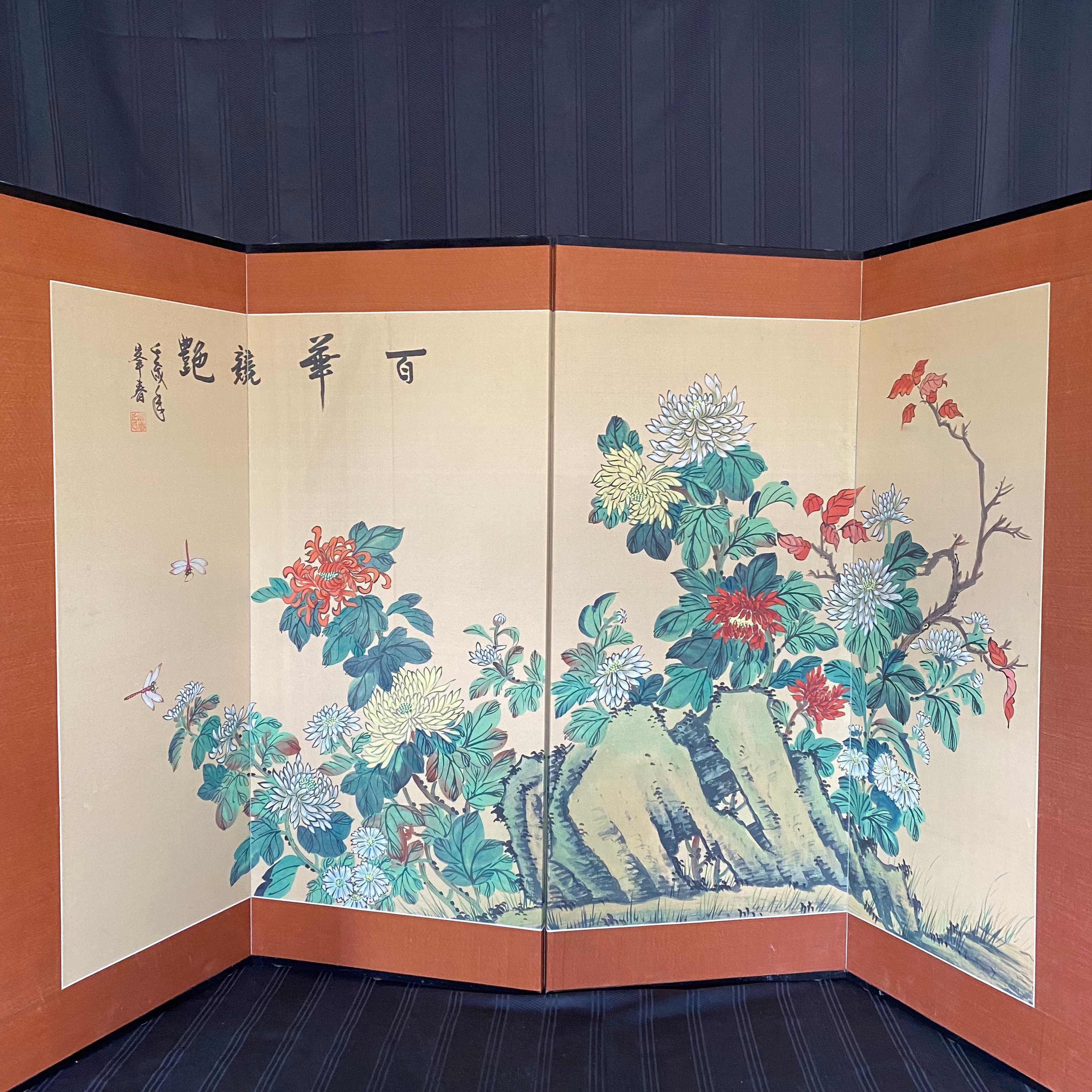 New Arts & Crafts Folding Screen with Antique Wallpaper Panels - Hand- -  Bolling & Company