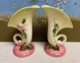 Pair of Vintage Hull Pottery Chartreuse and Pink Woodland Cornucopia Vases
