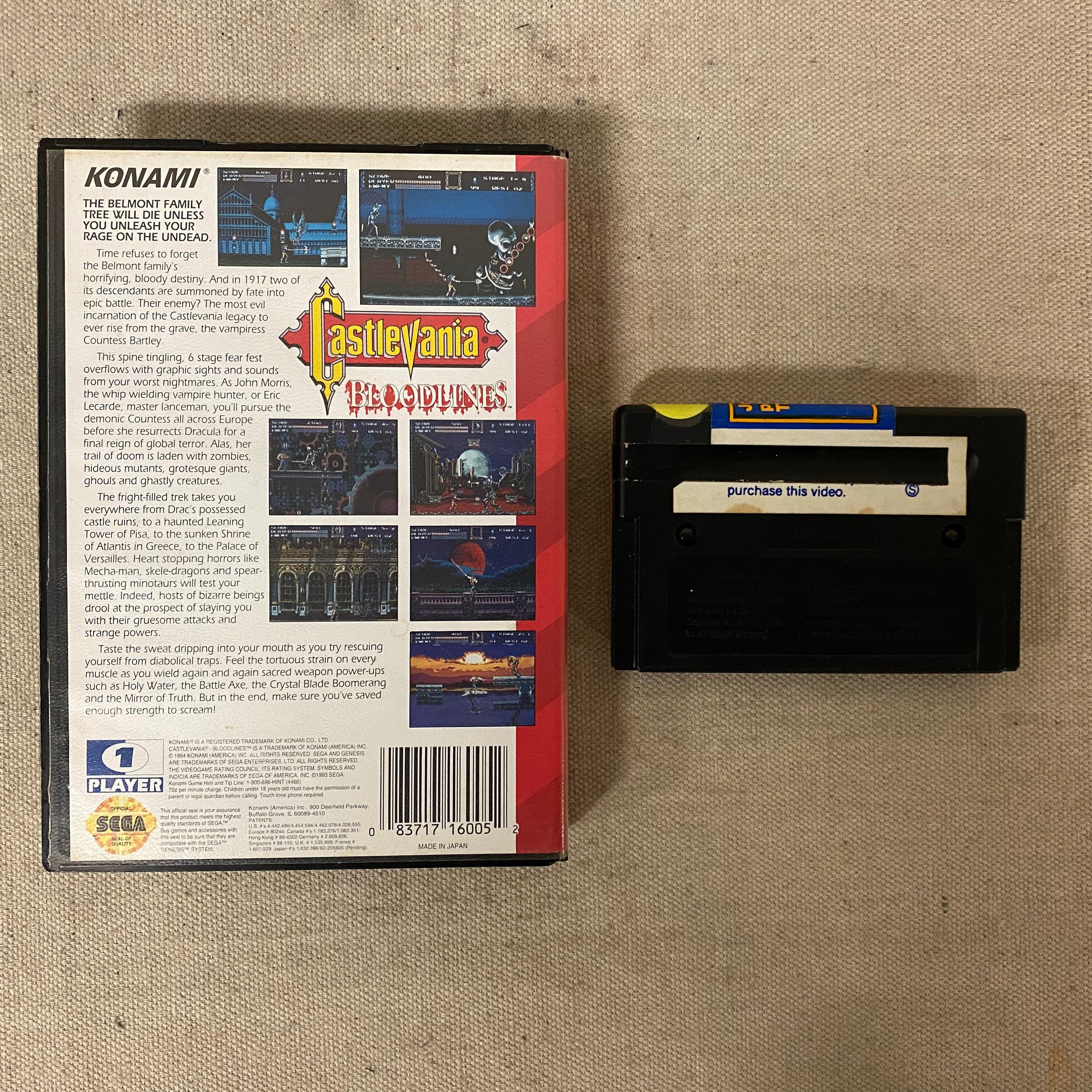 Vintage Sega Genesis Castlevania: Bloodlines Game Cartridge Vintage Sega Genesis Castlevania: Bloodlines Game Cartridge