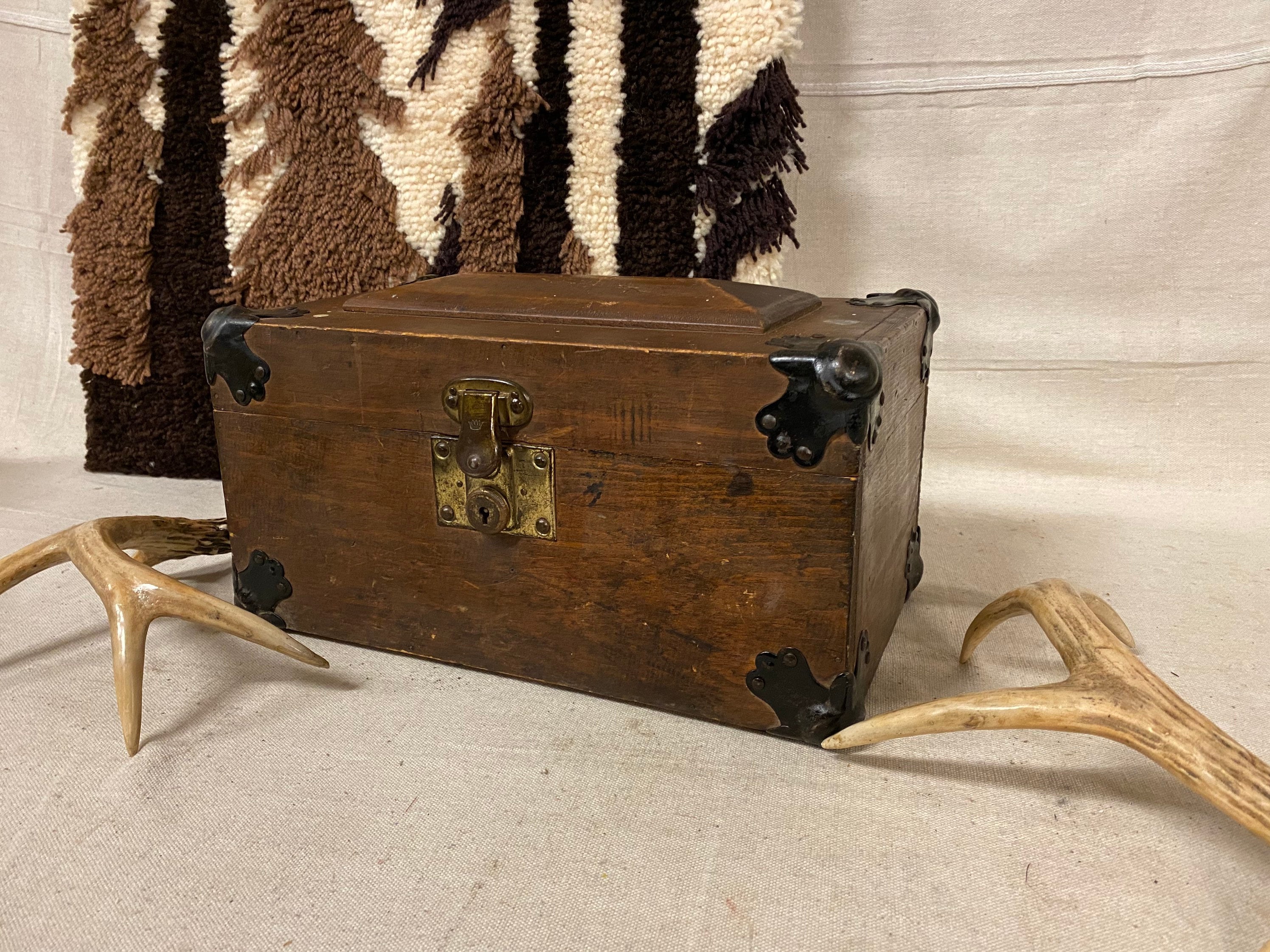Vintage Wooden Paper Lined Chest With Metal Corner
