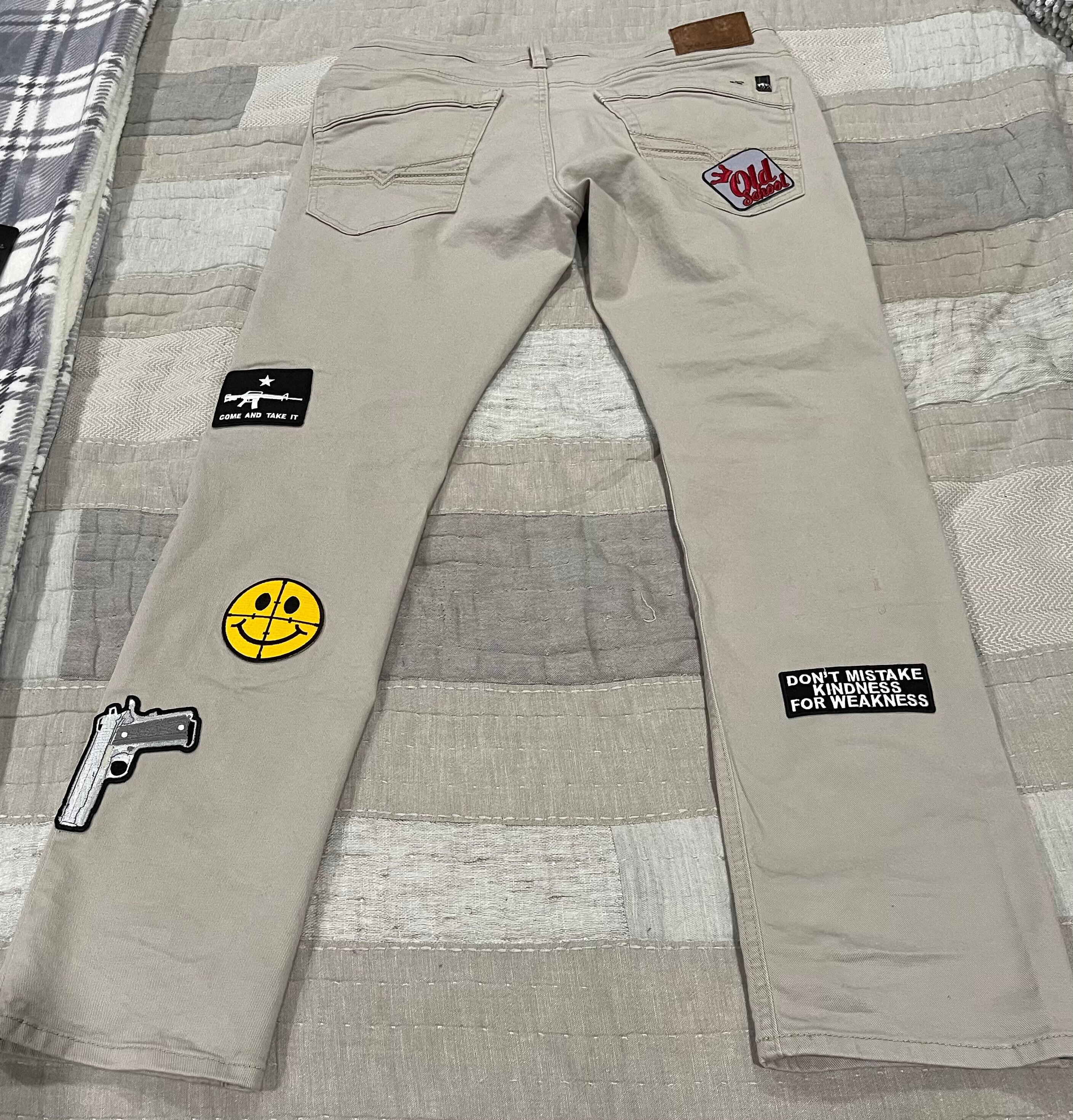 Custom patched/ hand stitched beige Buffalo jeans Etsy