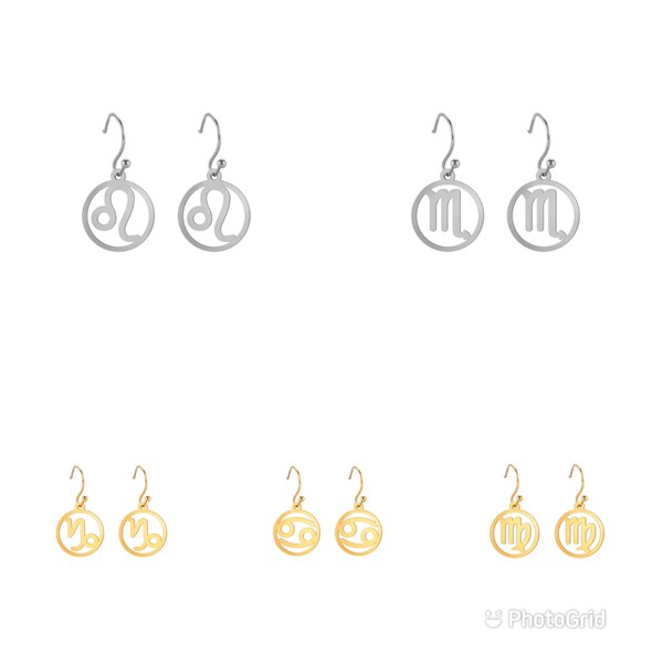 Women's Earrings Gold Silver Zodiac Name and Symbol Stainless Steel Earrings