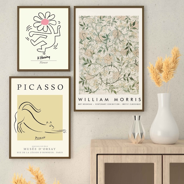 Set Of 3 Prints, Picasso Cat, Keith Harring Poster, William Morris Print, Flower, Living Room Decor, Set of Three Wall Art, Office Decor