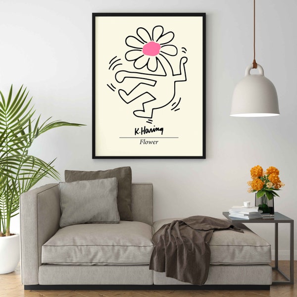 Keith Haring Flower, Keith Haring Poster, Keith Haring Print,  Pink Flower Print, Keith Haring Canvas, Keith Haring Exhibition Poster