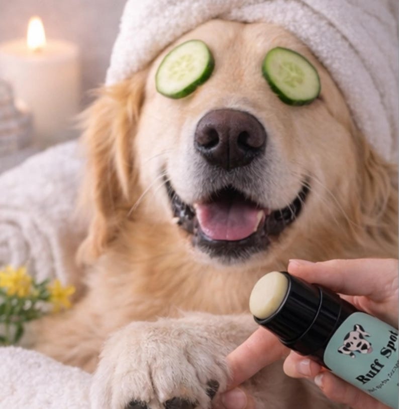 May include: A golden retriever with a white towel on its head and cucumber slices over its eyes. The dog is smiling with its tongue out. A person is holding a black and green Ruff Spot balm stick and applying it to the dog's paw.