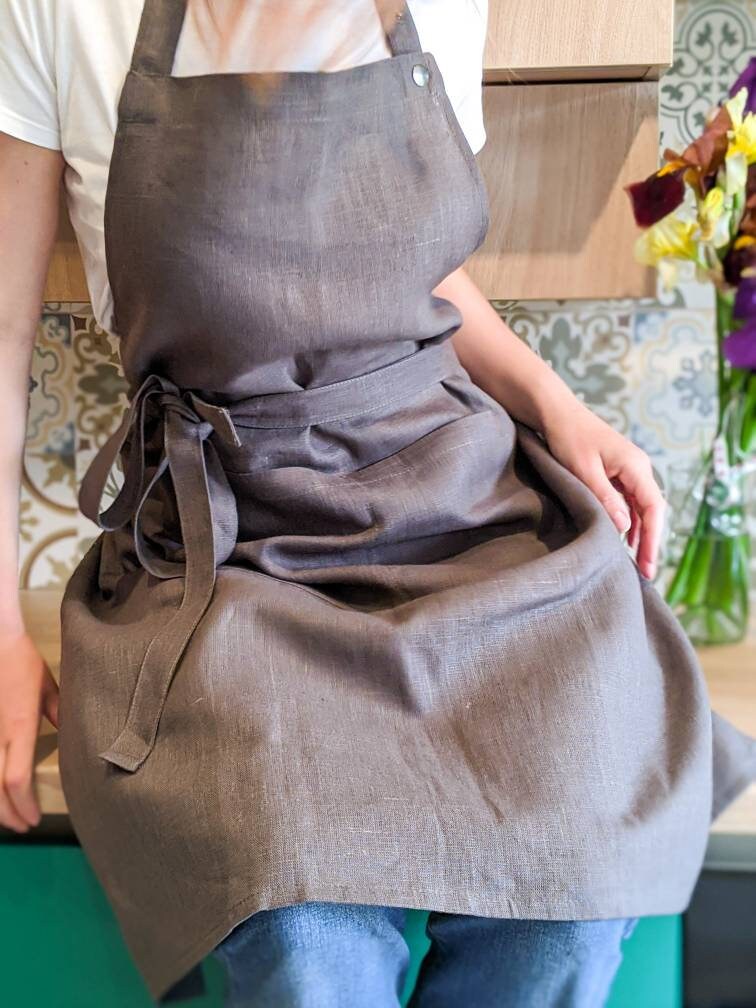 Grey linen apron with 2 pockets kitchen apron gardening Etsy