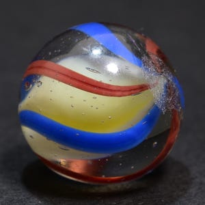 Solid Core Marble, German Antique Handmade, English Style Lemon & White Striped with Classic Bright Blue and Red 16.8mm 21/32&#39;&#39;
