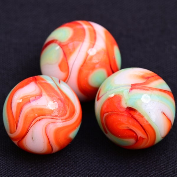 Sammy's Mountain Marbles A-B Run. Set Of 3 Turquoise and Red Beautiful W.V. Swirl Marbles 5/8''