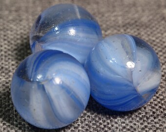 Vintage French European Sparkler Marbles, Set of Three Blue. 1960s. 5/8.