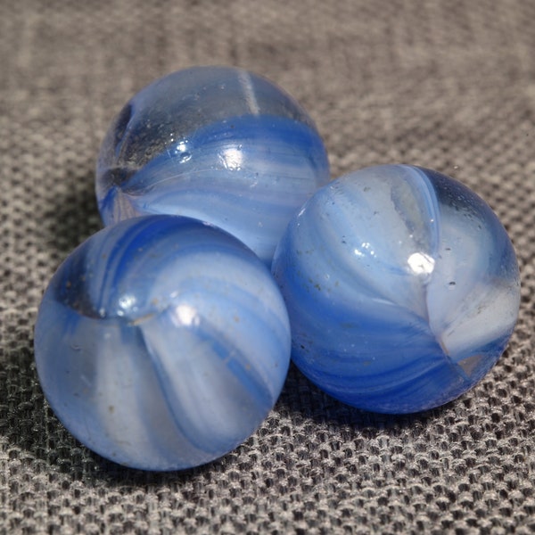 Vintage French European Sparkler Marbles, Set of Three Blue. 1960s. 5/8.