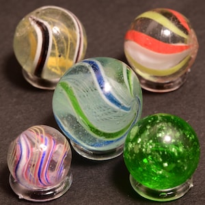 5 Antique German Handmade Marbles - Mixed Collector&#39;s Set, Including Mica, Solid Core, Latticino, Divided Core, History & Beauty.