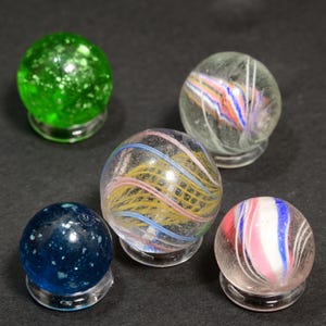 5 Antique German Handmade Marbles - Mixed Collector&#39;s Set, Including Mica, Lobed Solid Core, Latticino, Divided Core, History & Beauty.