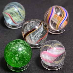 5 Antique German Handmade Marbles - Mixed Collector&#39;s Set, Including Mica, Solid Core, Latticino, Divided Core, History & Beauty.