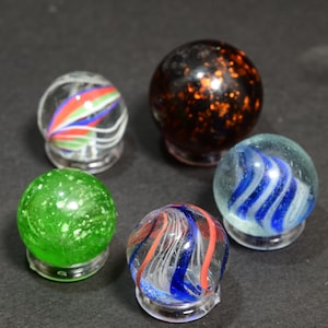 5 Antique German Handmade Marbles - Mixed Collector&#39;s Set Including Special Examples; Mica, Naked Solid Core, Latticino, Divided Core