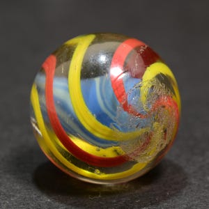 Solid Core Marble, German Antique Handmade, English Style Unusual Striped Baby Blue Core in Hot Hues Banding 17.6mm 11/16&#39;&#39;