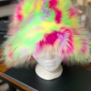 Neon Green Hot Pink Fluffy Bucket Hat