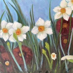 Flowers Oil Painting on canvas, daffodils, Spring flowers, floral art decoration, size 12&quot; X 12&quot;