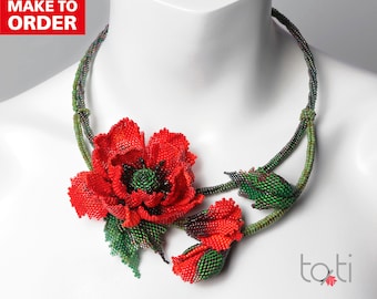 Crafted Beaded Poppy Necklace, Floral Seed Bead Choker