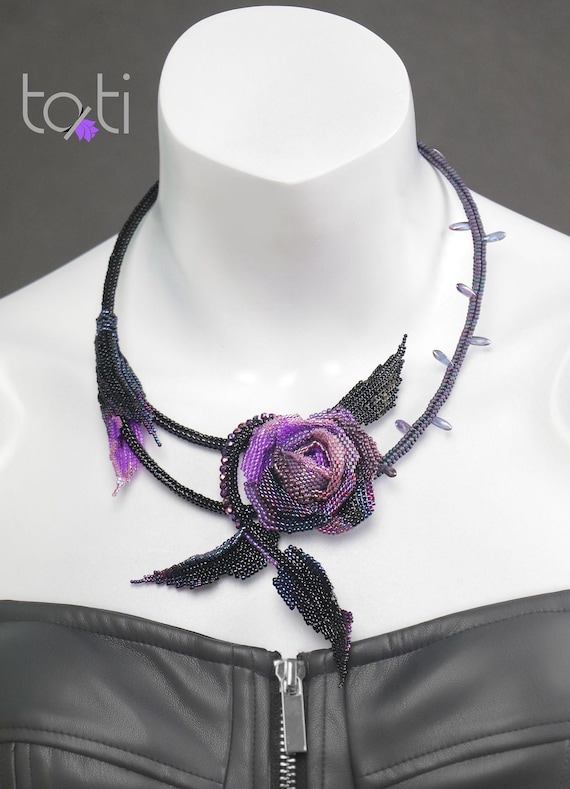 Black Rose Art Necklace – Beaded Sculpture Jewelry