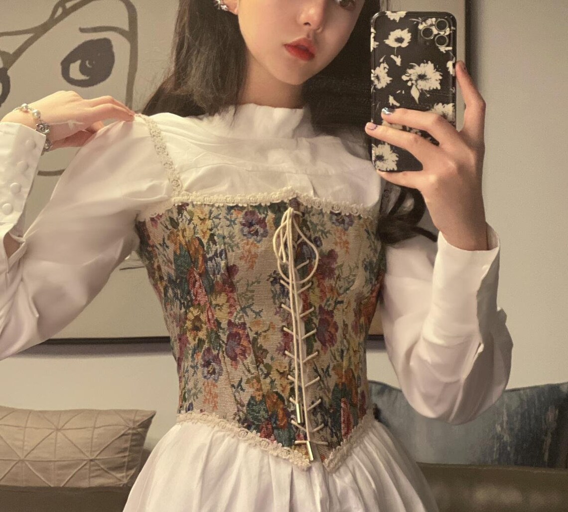 Vintage white floral 2 piece corset and dress cottagecore Etsy