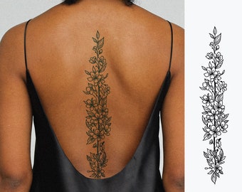 Semi-Permanent Tattoo | Large Floral Back Tattoo | Lasts up to 2 weeks | Temporary Tattoo | Gift Idea | Jagua | Fineline | Spine Tattoo