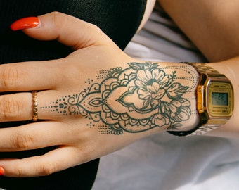 Semi-Permanent Tattoo | Mandala Henna Hand Tattoo | Waterproof | 2 weeks | Temporary Tattoo | Holiday Gift Idea | Jagua henna