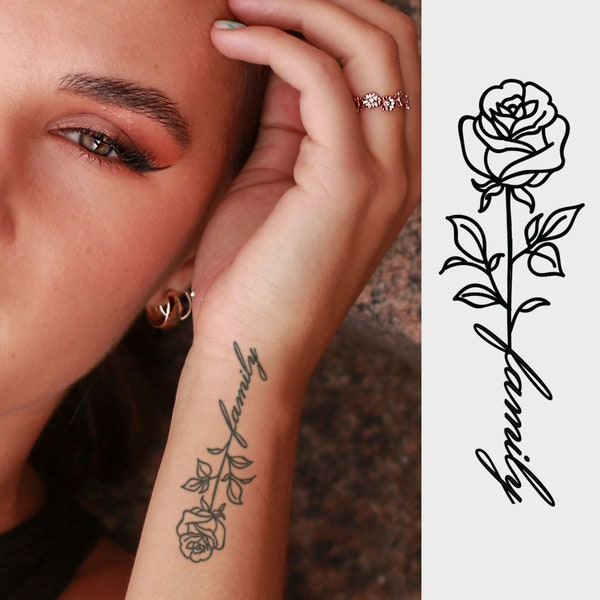 Semi-Permanent Tattoo | Small Line Rose and Family Text Tattoo | 2 weeks | Gift Idea | Temporary Tattoo | Holiday Gift Idea | Jagua henna
