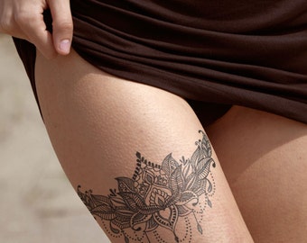 Semi-Permanent Tattoo | Large Thigh Tattoo | Lasts up to 2 weeks  | Holiday Gift Idea | Jagua henna | Fineline | Temporary | Mandala Tattoo