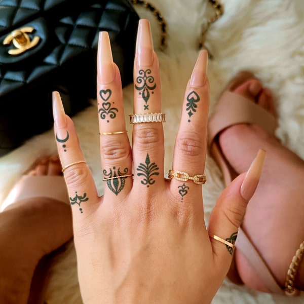 Semi-Permanent Tattoos | 14 x tiny finger and knuckle Bundle | Lasts up to 2 weeks | Realistic | Temporary Tattoo | Holiday Gift Idea |henna