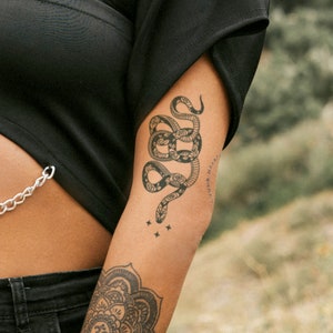 Semi-Permanent Tattoo | Snake with Stars and Roses | Lasts up to 2 weeks | Temporary Tattoo | Holiday Gift Idea | Jagua henna
