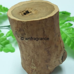 Może przedstawiać: Fragment pnia drzewa, prezentujący naturalny wzór słojów drewna. Odcięty koniec odsłania koncentryczne pierścienie i centralny otwór. Kora ma szorstką fakturę, a kolor jest ciepły brązowy. Widoczny jest tekst "© wnfragrance".