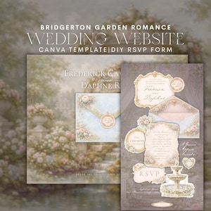 May include: A wedding website Canva template with a Bridgerton Garden Romance theme. The design features floral and fountain illustrations, with text that reads "Wedding Website" and "Frederick and Daphne R."