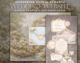 Modello di sito web per matrimonio in stile Regency Rococò / Romanticismo nei giardini di Bridgerton / Invito di nozze vintage modificabile