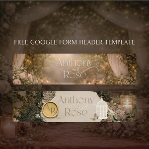 Pu&ograve; includere: Due modelli di intestazione di Google Form con il testo "Anthony and Rose". Il modello superiore ha uno sfondo floreale e di tendaggi. Il modello inferiore ha un sigillo d'oro con "AR" e una gabbia per uccelli.
