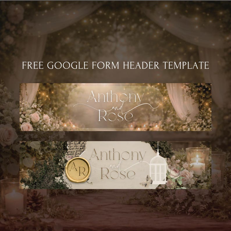 Pu&ograve; includere: Due modelli di intestazione di Google Form con il testo "Anthony and Rose". Il modello superiore ha uno sfondo floreale e di tendaggi. Il modello inferiore ha un sigillo d'oro con "AR" e una gabbia per uccelli.