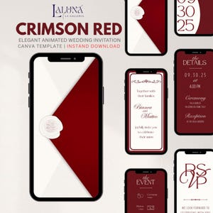 May include: Animated wedding invitation template in Crimson Red, displayed on smartphones. The design features a white and red colour scheme with a wax seal. The text includes wedding details and RSVP information.