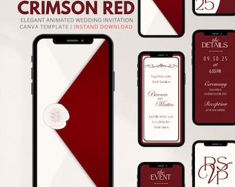 Animated Wedding Invitation | Elegant Crimson Red Digital Wedding Video | Canva Template | Editable Mobile eInvite