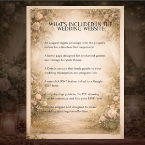 Pu&ograve; includere: Un foglio informativo del sito web di un matrimonio con un bordo floreale e il testo "WHAT'S INCLUDED IN THE WEDDING WEBSITE:". Il testo descrive funzionalit&agrave; come una busta digitale elegante e un pulsante RSVP.