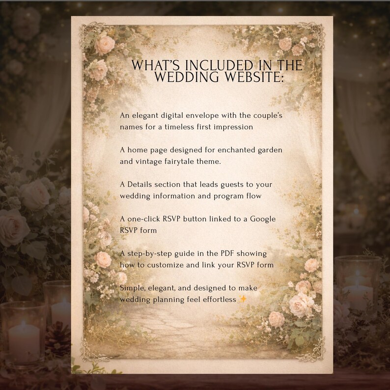 Pu&ograve; includere: Un foglio informativo del sito web di un matrimonio con un bordo floreale e il testo "WHAT'S INCLUDED IN THE WEDDING WEBSITE:". Il testo descrive funzionalit&agrave; come una busta digitale elegante e un pulsante RSVP.