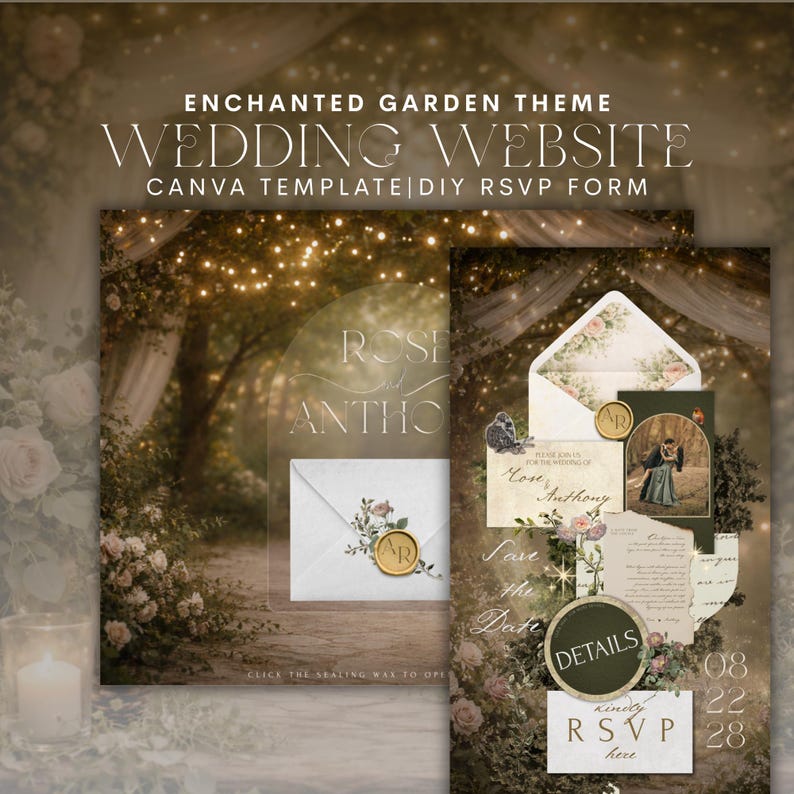 Pu&ograve; includere: Un modello di sito web di matrimonio con un tema giardino incantato. Il design include inviti, moduli RSVP e un modello di sito web. Il testo include "Rose and Anthony", "Save the Date" e "RSVP here". La tavolozza dei colori &egrave; morbida con accenti floreali e dorati.