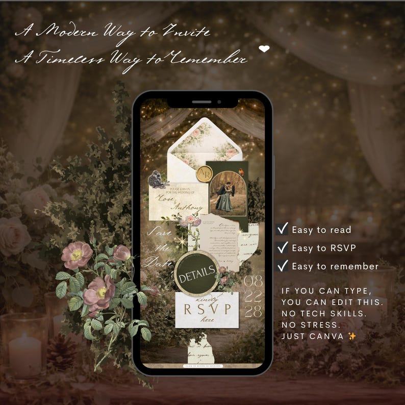 Pu&ograve; includere: Uno schermo di smartphone mostra un design di invito di nozze con elementi floreali e vintage. Il testo recita "A Modern Way to Invite, A Timeless Way to Remember." Il testo aggiuntivo include "Easy to read, RSVP, remember" e "Just Canva."