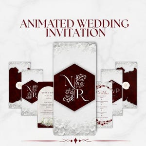 May include: Animated wedding invitation design with a burgundy and white color scheme. The design features floral accents, decorative fonts, and the text "Animated Wedding Invitation". The invitation includes event details and RSVP information.