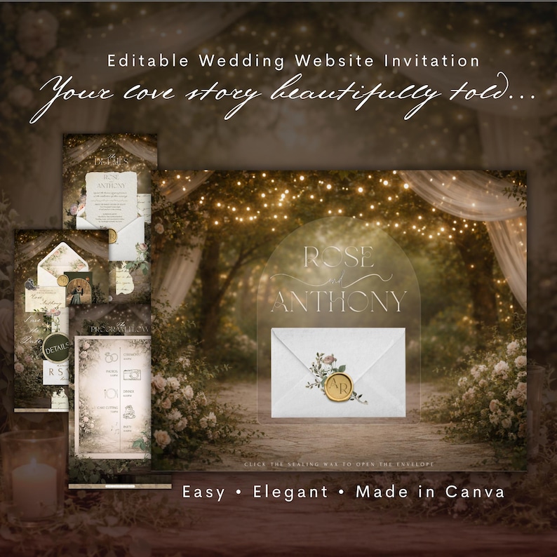 Pu&ograve; includere: Un set di inviti per un sito web di matrimonio. Il design presenta una romantica scena di foresta con luci soffuse e dettagli floreali. Il testo recita "Editable Wedding Website Invitation" e "Your love story beautifully told..." con i nomi "Rose Anthony".