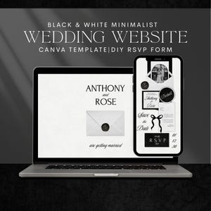 Puede incluir: Un portátil y un smartphone muestran una plantilla de sitio web de boda minimalista en blanco y negro. La pantalla del portátil muestra los nombres "Anthony and Rose" encima de un sobre. El smartphone muestra los detalles de la invitación.