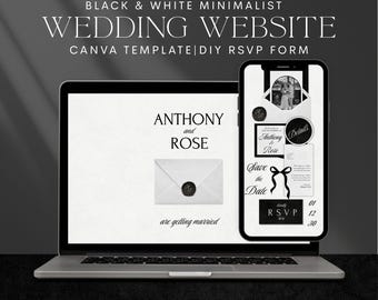 Modello di sito web per matrimonio moderno e minimalista in bianco e nero con RSVP / Invito Canva modificabile / Download digitale