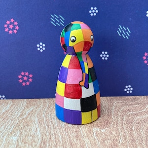 Elmer peg doll, Elmer the Elephant, book character toys, wooden toys, ukca tested, story prop, gift for toddler