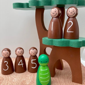 May include: Wooden toy set featuring a tree with a green canopy and brown trunk. Five brown monkey figures with white numbers 1-5 and a green alligator figure are included. The figures are designed for educational play.